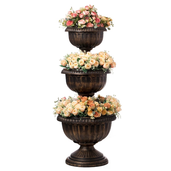 Gardenised Outdoor Garden Triple Stacked Flower Bowl Urn Tier Planter Decoration, Bronze QI004403 - main